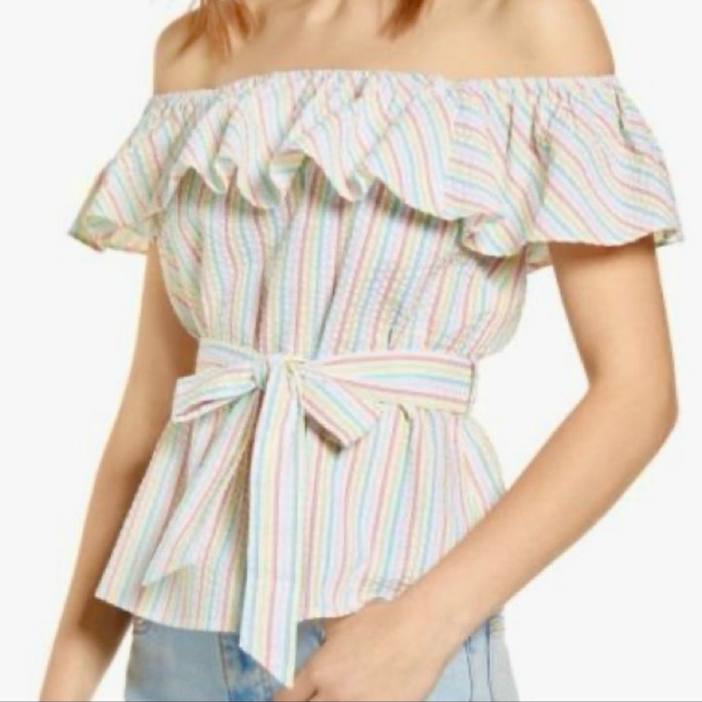 ALI JAY Korakia Stripe Shoulder Ruffle Seersucker Off Shoulder Top Small